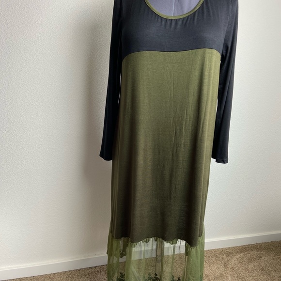 Celeste NEW 3X Olive Green Fit-n-Flare A-Line Midi Lace Hem Long Sleeve Dress - Picture 3 of 6